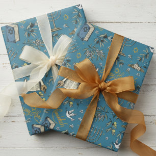 Jewish Happy Hanukkah Menorah & Olive Branches Wrapping Paper