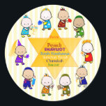 Jewish Holiday Star Kids Round Sticker<br><div class="desc">Appropriate for any Jewish holiday (well,  except fast days like Yom Kippur),  this design features a large Star of David with names of several Jewish holidays in the centre. Surrounding the Star are stylised,  colourful kids in appropriate holiday garb. Festive and fun.</div>