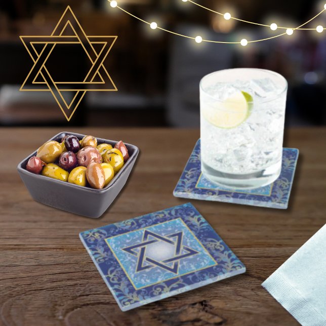 Jewish Holidays Events Star of David Blue Gold Glass Coaster (Creator Uploaded)