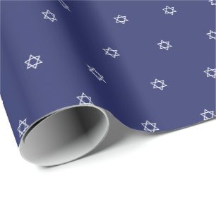 Jewish Magen David navy blue and white pattern Wrapping Paper