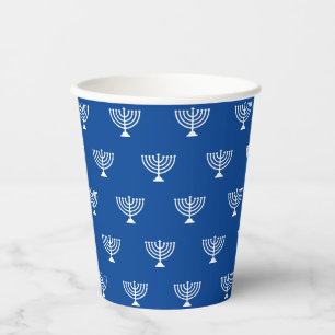 Jewish menorah blue and white pattern Rosh Hashana Paper Cups