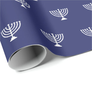 Jewish menorah navy blue white pattern Hanukkah Wrapping Paper