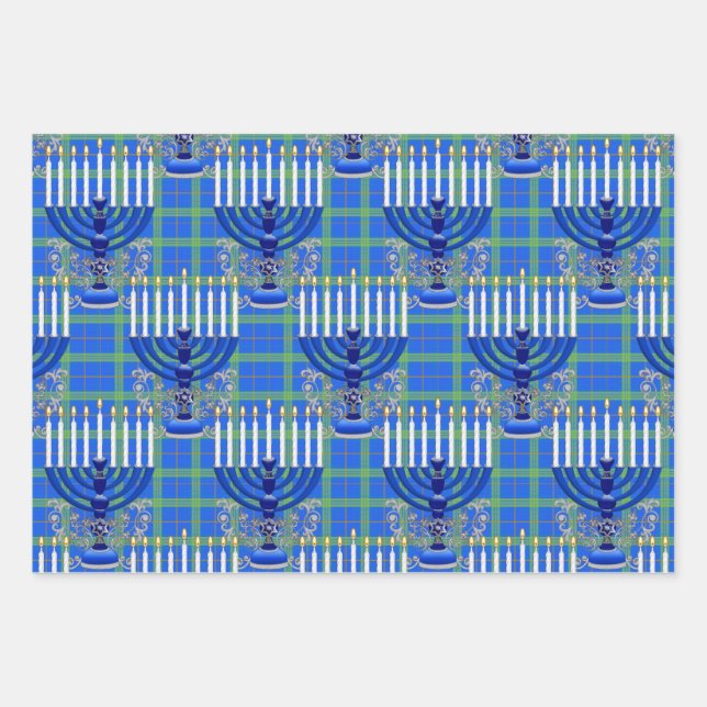 Jewish-Menorah-Plaid-Lt-Blue Wrapping Paper Sheet (Front)