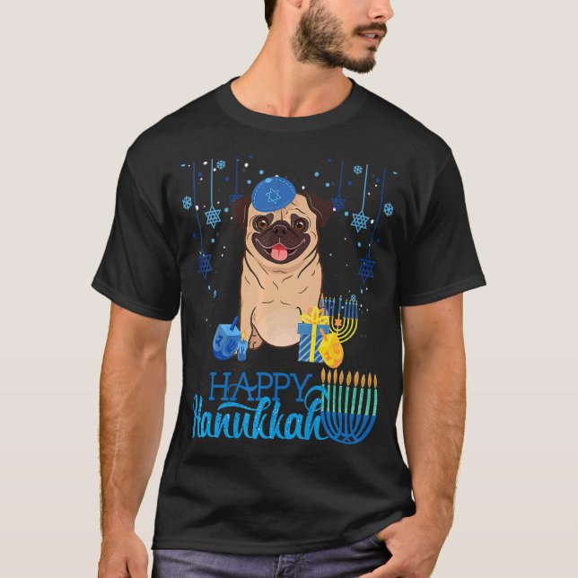 Jewish Pug Dog Menorah Hat Chanukah Hanukkah Jewis T-Shirt (Front)