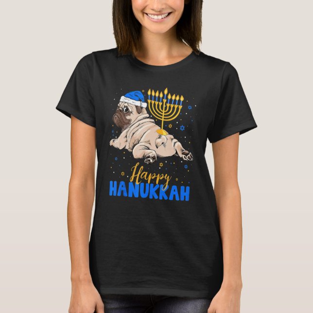 Jewish Pug Menorah Happy Hanukkah Chanukah  Dog T-Shirt (Front)