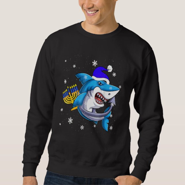 Jewish Shark Menorah  Hanukkah Chanukah Animal Sweatshirt (Front)