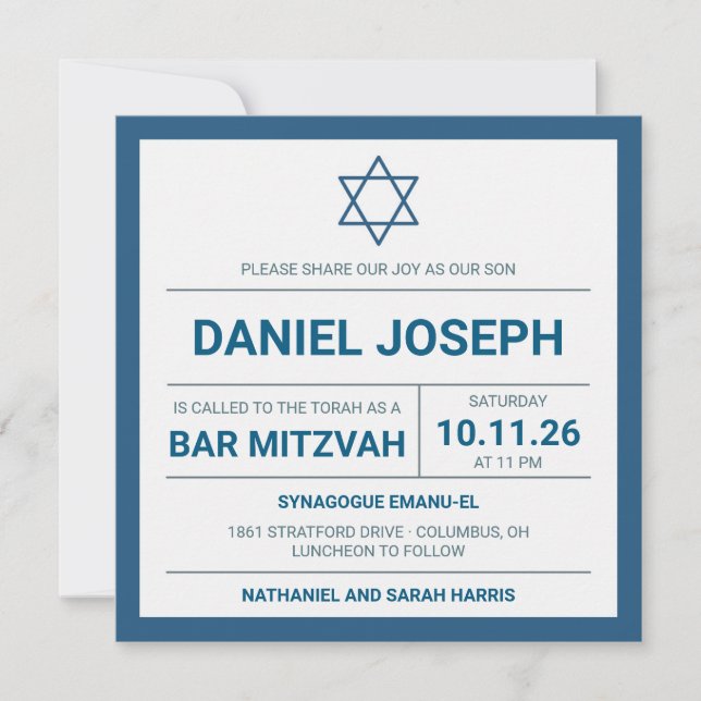 Jewish star blue framed Bar Mitzvah Invitation (Front)