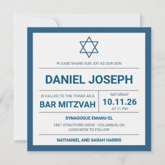 Jewish star blue framed Bar Mitzvah Invitation