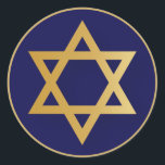 Jewish Star of David gold and navy blue Classic Round Sticker<br><div class="desc">Gold coloured Star of David on navy blue background.</div>