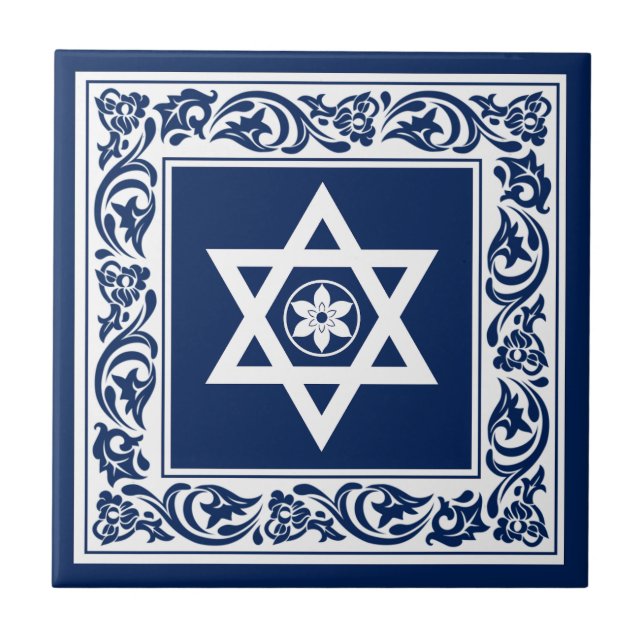 Jewish Star of David White with Blue Baroque Tile (Front)
