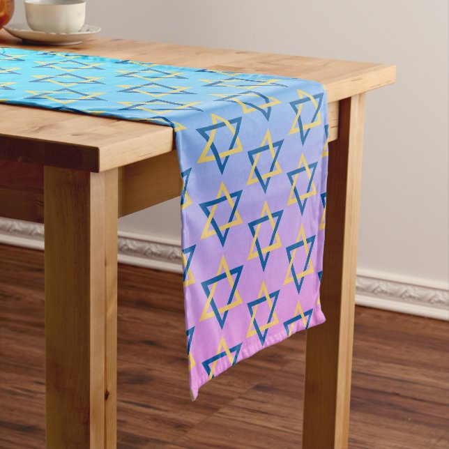 Jewish star pattern on blue and pink ombre short table runner (In Situ)