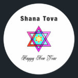 Jewish Star Shana Tova    Classic Round Sticker<br><div class="desc">Shana Tova Jewish Star features Hebrew style stained glass Star of David and sunny greeting for a Happy New Year.</div>