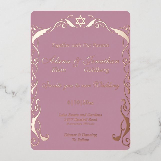 Jewish Swirl frame wedding Foil Invitation (Front)
