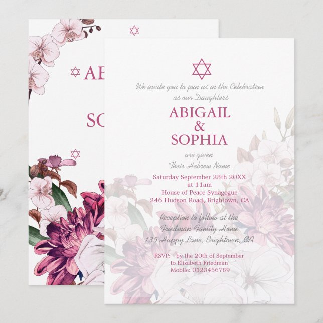 Jewish Twin Girls Floral Naming Ceremony Hebrew Invitation (Front/Back)
