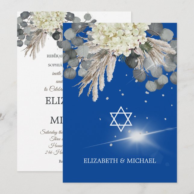 Jewish Wedding Chuppah Elegant Blue Floral  Invitation (Front/Back)