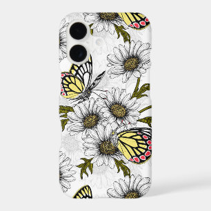 Jezebel butterflies and daisy flowers on white