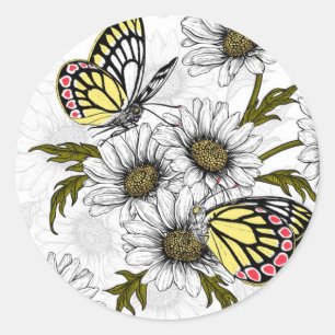 Jezebel butterflies and daisy flowers on white classic round sticker