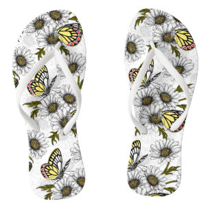 Jezebel butterflies and daisy flowers on white jandals