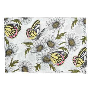 Jezebel butterflies and daisy flowers on white pillowcase