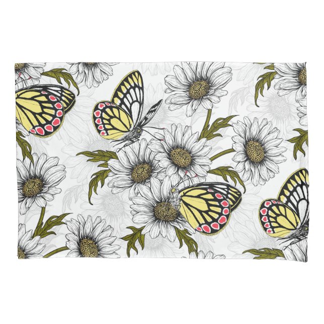 Jezebel butterflies and daisy flowers on white pillowcase (Front-Left)