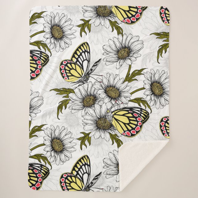 Jezebel butterflies and daisy flowers on white sherpa blanket (Front)