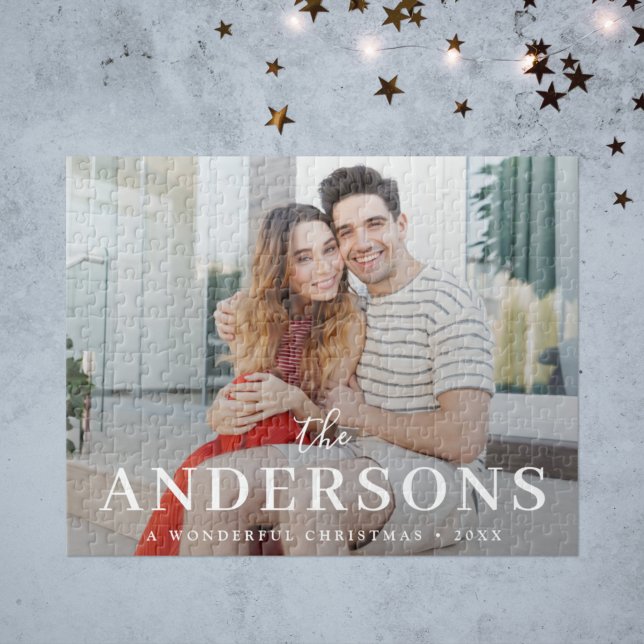 Jigsaw Puzzle | Christmas Holiday Couple Photo (Stylish holiday jigsaw puzzle with custom family name and minimalist typography design)