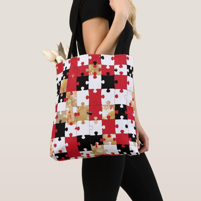 Jigsaw Puzzle Red Black Gold Pattern  Tote Bag (Close Up)