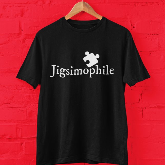 Jigsimophile Cute Scholarly Jigsaw Puzzle Nerd T-Shirt (This jigsaw puzzle fan T-shirt has the word "Jigsimophile" in white, along with a puzzle piece.)