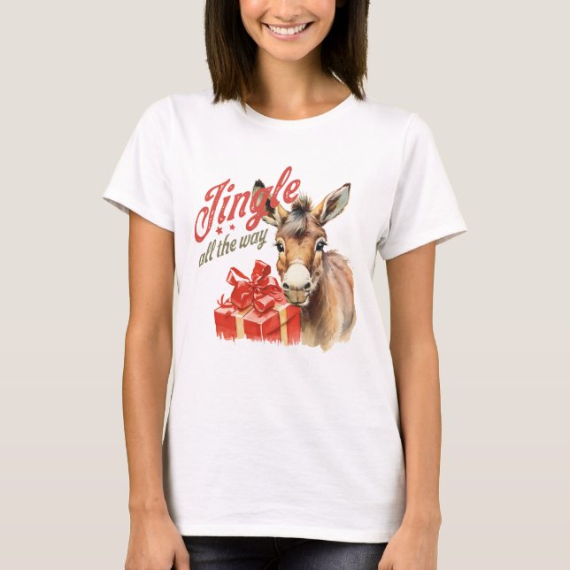 Jingle All the Way Christmas Farm Donkey T-Shirt (Front)
