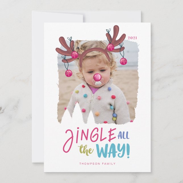 Jingle All The Way Fun Photo Reindeer Antler Bells Holiday Card (Front)