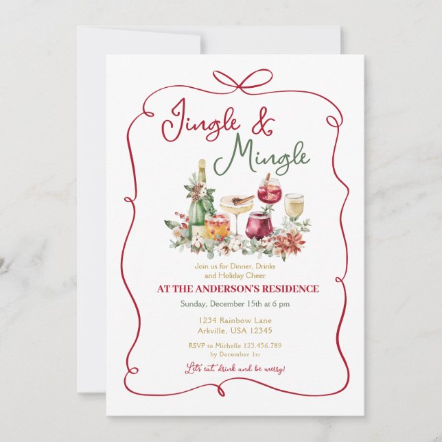 Jingle and Mingle Christmas Dinner Hand Drawn Invitation (Front)