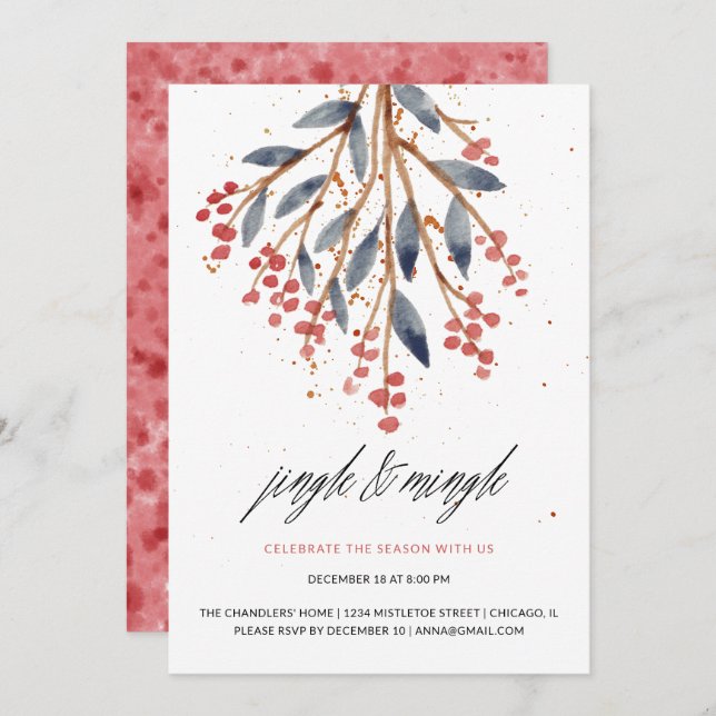Jingle and Mingle Christmas Greenery and Red Berry Invitation (Front/Back)