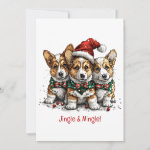 Jingle And Mingle Christmas Welsh Corgi Puppies Invitation
