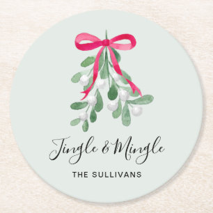 Jingle And Mingle Mistletoe Green Christmas Round Paper Coaster
