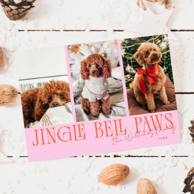 Jingle Bell Paws Christmas Orange Pink Dog Photo  Holiday Card (Creator Uploaded)