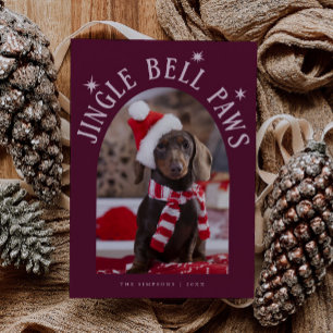 Jingle Bell Paws Dog Photo Cranberry Christmas Holiday Card