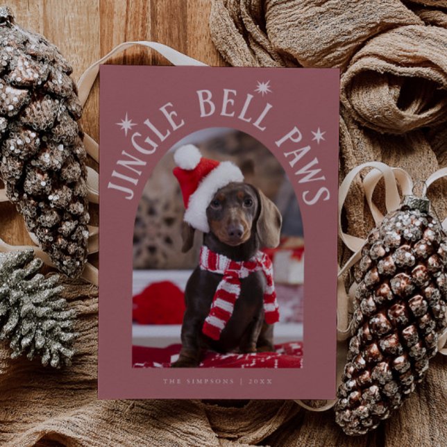 Jingle Bell Paws Dog Photo Pink Christmas Holiday Card (Creator Uploaded)