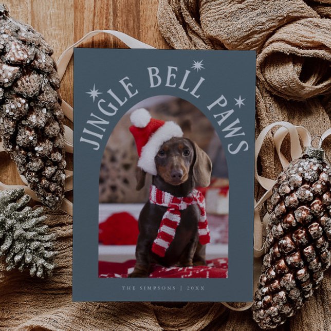 Jingle Bell Paws Dog Photo Slate Blue Christmas Holiday Card (Creator Uploaded)