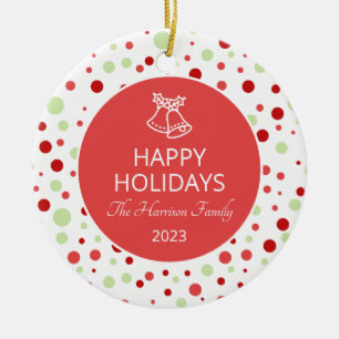 Jingle Bell Polka Dot Happy Holidays Family  Ceramic Tree Decoration