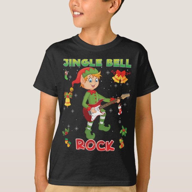 Jingle Bell Rock Rockin' Christmas Elf Playing Gui T-Shirt (Front)