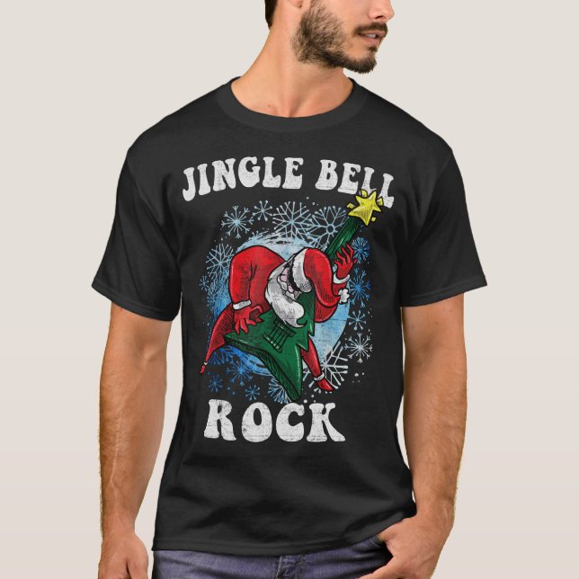 Jingle Bell Rock Santa Playing Guitar Christmas Fu T-Shirt (Front)