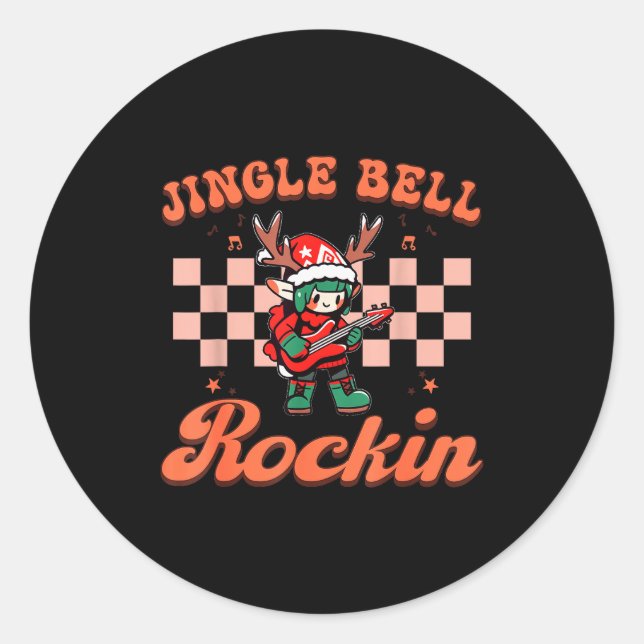 Jingle Bell Rocking Christmas Elf Rock N Roll Guit Classic Round Sticker (Front)
