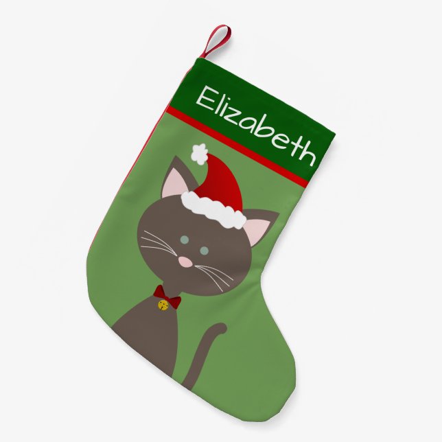 Jingle Bell Santa Grey Kitty Small Christmas Stocking (Front (Hanging))