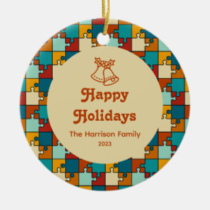 Jingle Bell Vintage Puzzle Happy Holidays Family  Ceramic Tree Decoration