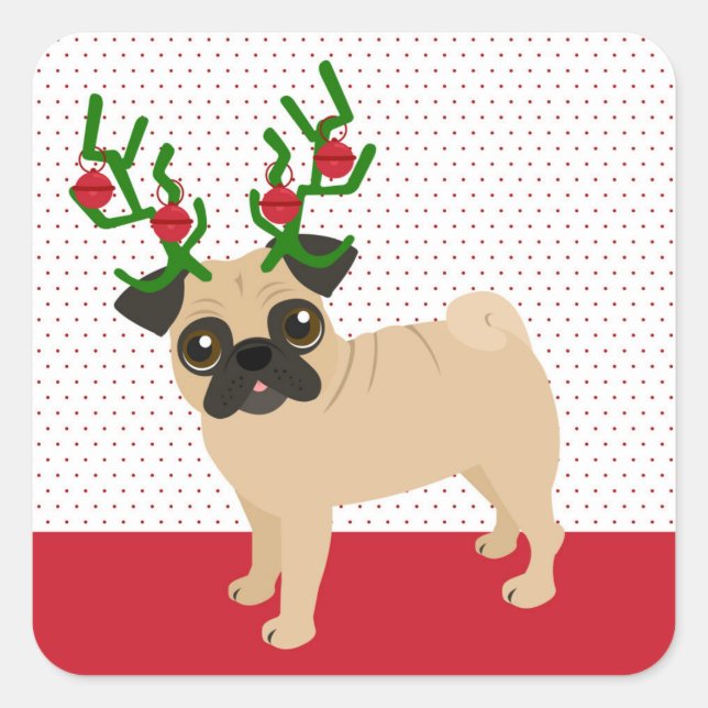 Jingle Bells Cute Pug with Antlers Christmas Square Sticker (Front)