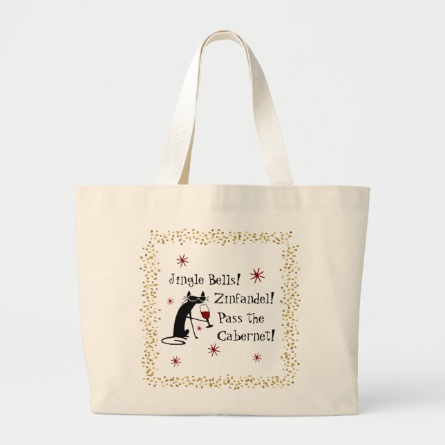 Jingle Bells Funny Christmas Wine Quote Large Tote Bag (Front)