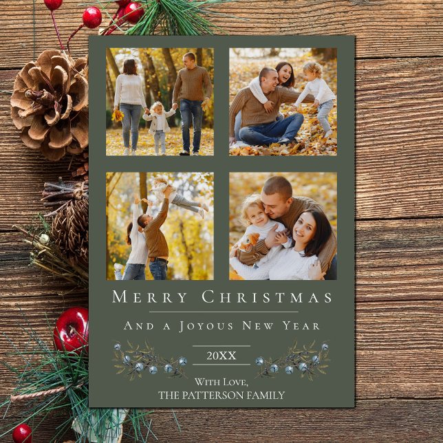 Jingle Bells Photo Collage Christmas | Green Holiday Card (Green Jingle Bells Four Photo Christmas Holiday Card)