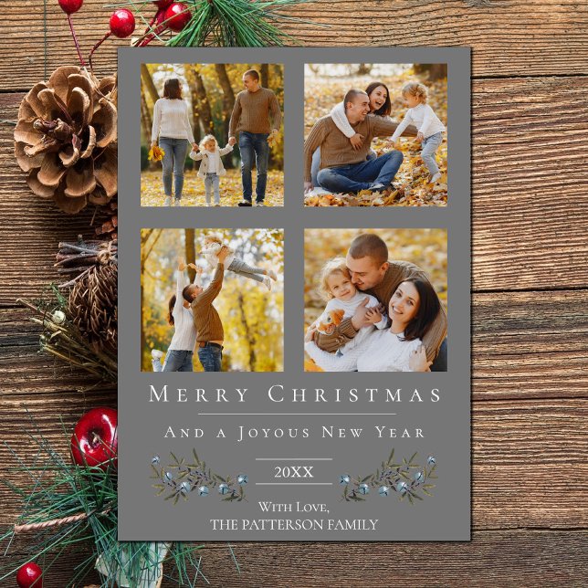 Jingle Bells Photo Collage Christmas | Grey Holiday Card (Gray Jingle Bells Four Photo Christmas Holiday Card)
