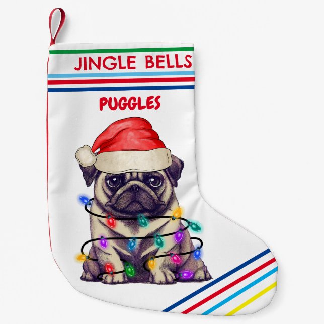 JINGLE BELLS PUG Christmas Stocking with name. (Front)