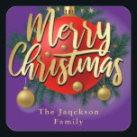 Jingle Bells Winter Branch Snowflake Christmas Square Sticker<br><div class="desc">Script Merry Christmas Red Holiday Card</div>